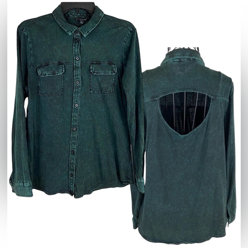 Rock & Republic Top Cut Out Back Long Sleeve Button Down Acid Green Size Large